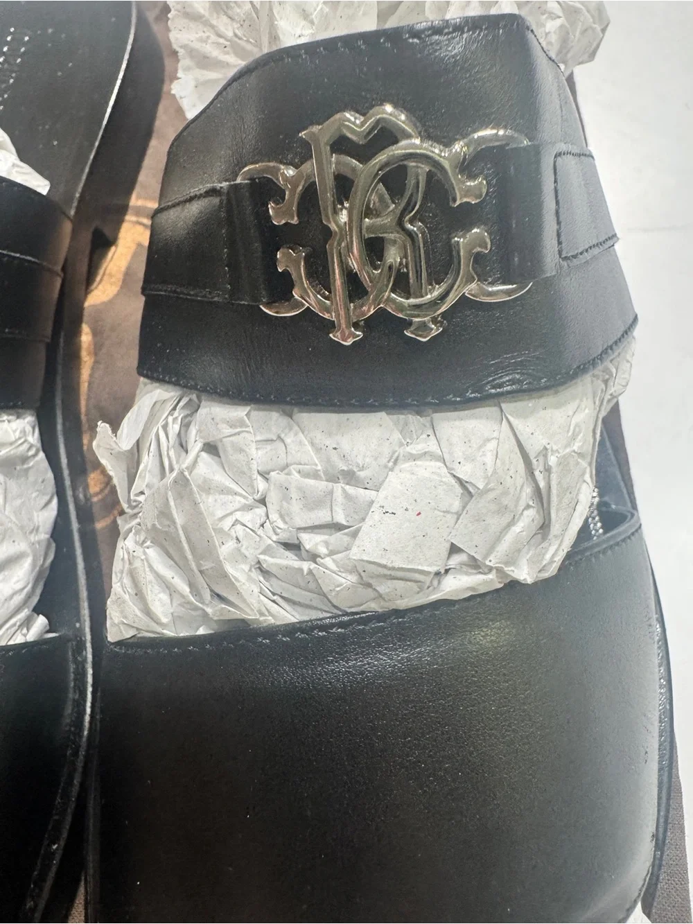 Roberto Cavalli Black Leather Slide Sandals with Metal Logo Accent